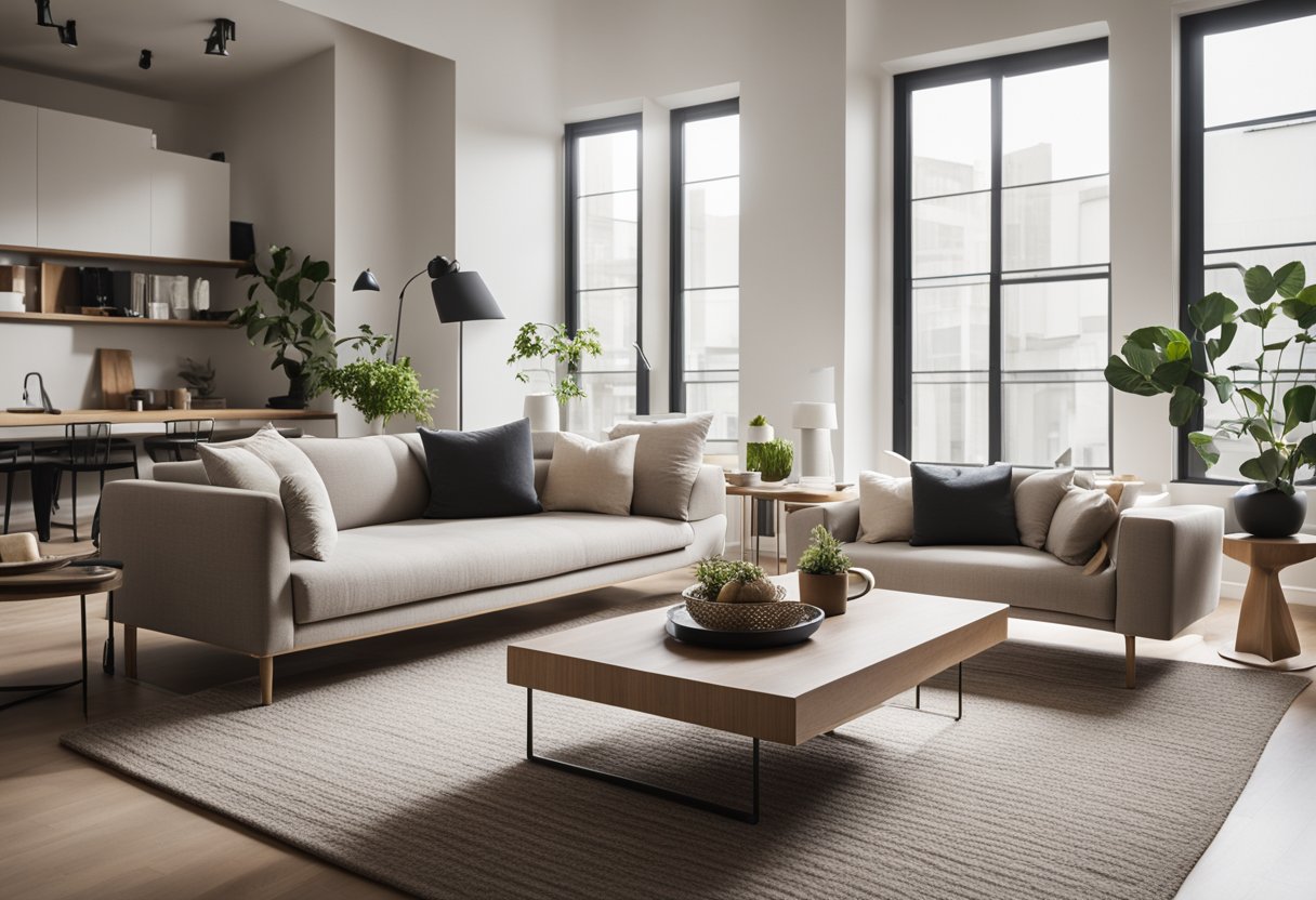 A cozy living room with minimalist furniture, neutral colors, and natural light streaming in from large windows. A sleek coffee table sits in the center, surrounded by comfortable seating and tasteful decor