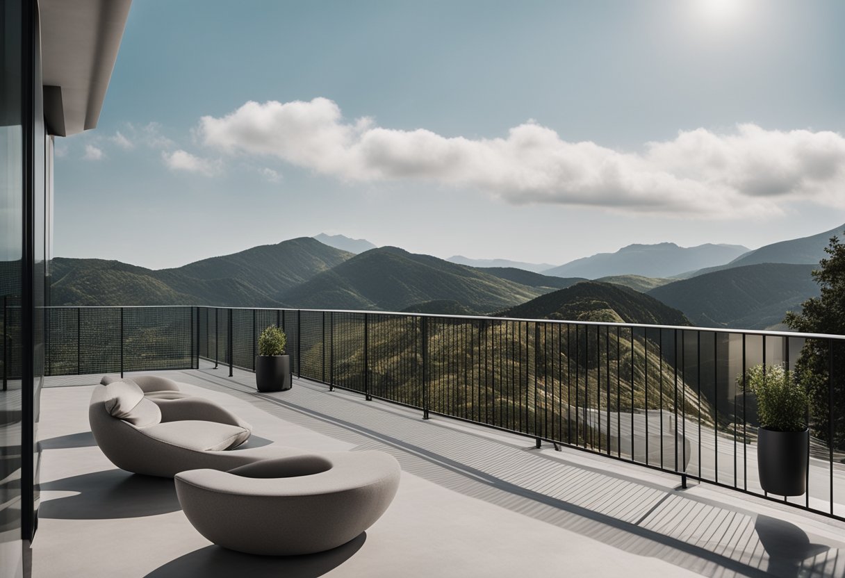 A modern balcony with sleek concrete railing, featuring a minimalist and functional design