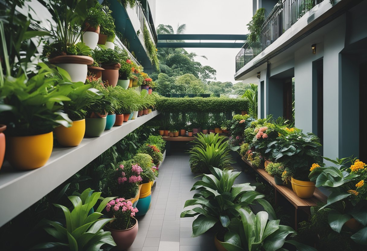 A lush balcony garden in Singapore with tropical plants, hanging vines, and colorful flowers arranged in stylish planters and pots