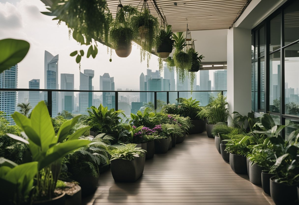 A lush balcony garden in Singapore with tropical plants, hanging baskets, and a cozy seating area overlooking the city skyline