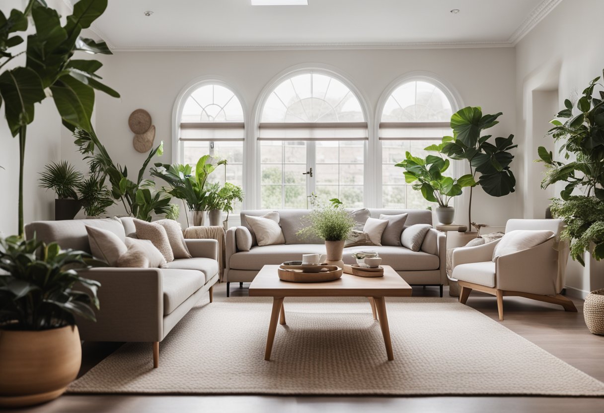 A cozy living room with a neutral color palette, a comfortable sofa, a coffee table, and a soft rug. The space is filled with natural light from a large window, and there are potted plants and artwork on the walls