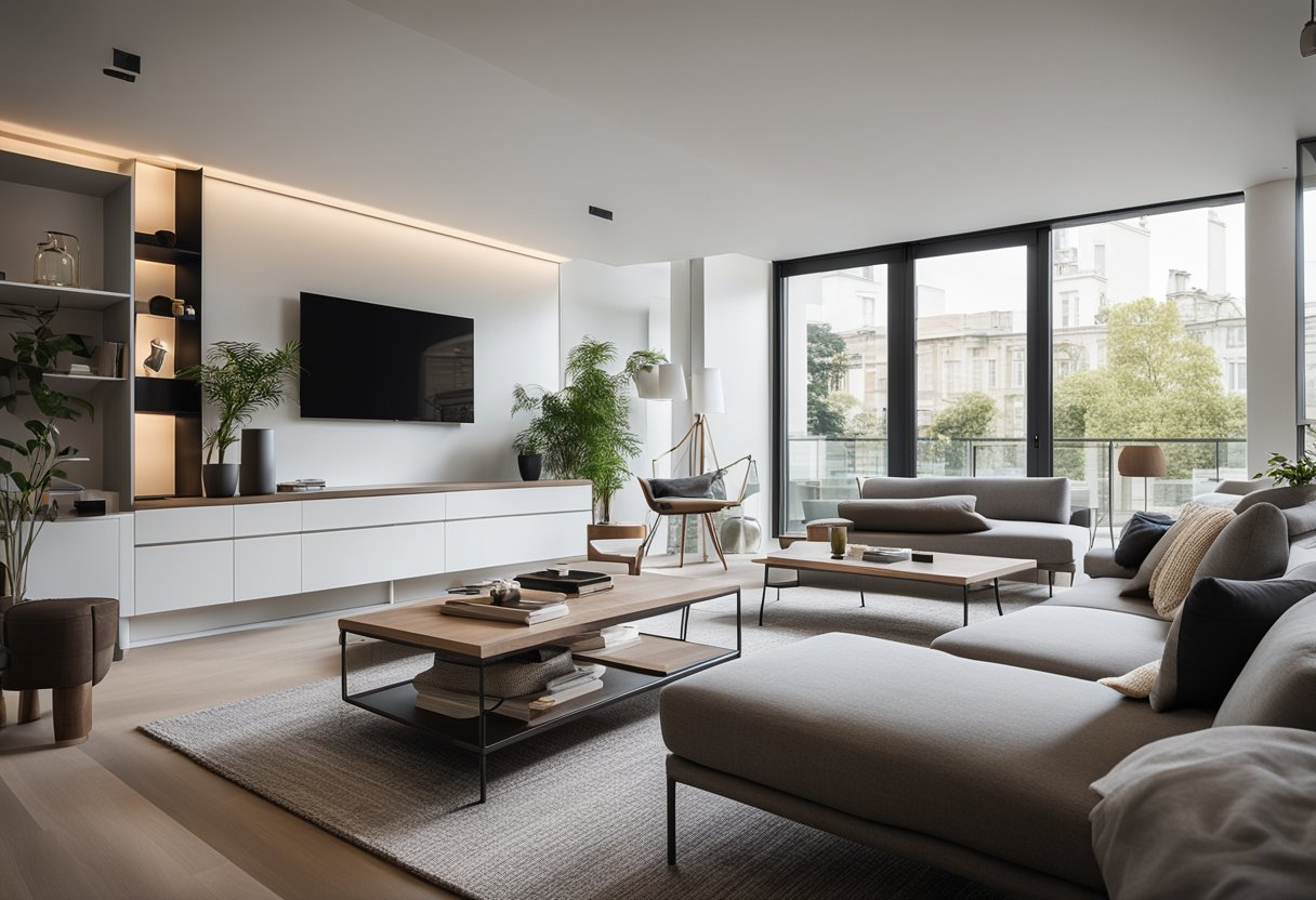 A sleek, modern living room with clever storage solutions and minimalist furniture to maximize space and style in a small apartment design