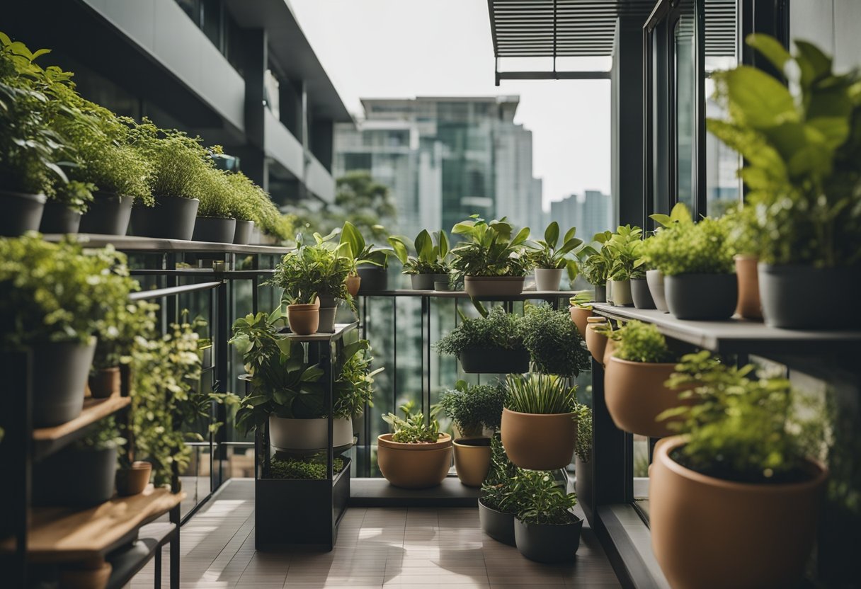 A balcony garden in Singapore, with vertical planters, hanging pots, and compact furniture for a cozy and stylish outdoor space