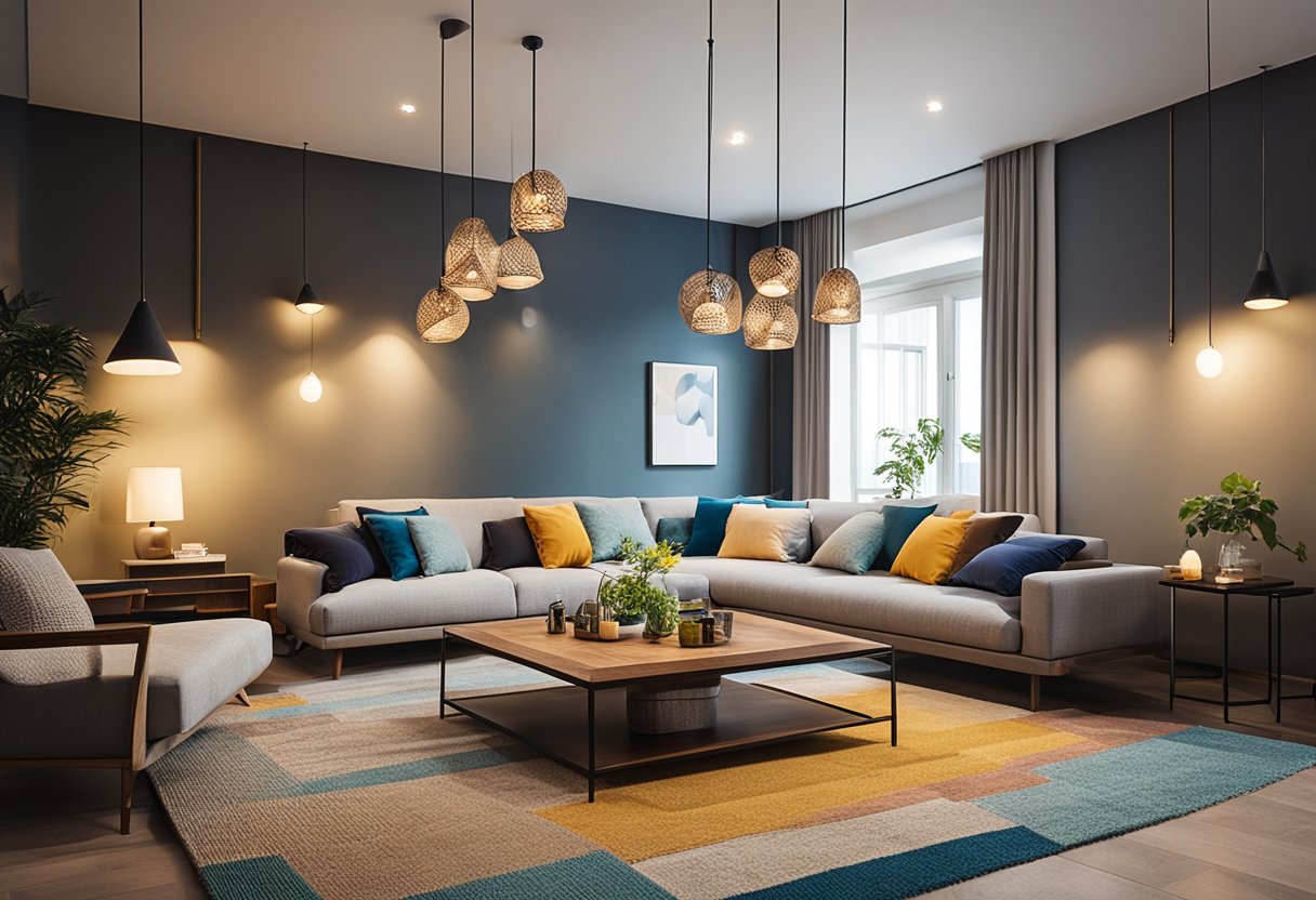 The living room is adorned with colorful throw pillows and a cozy rug. Soft lighting from hanging pendant lamps creates a warm and inviting atmosphere