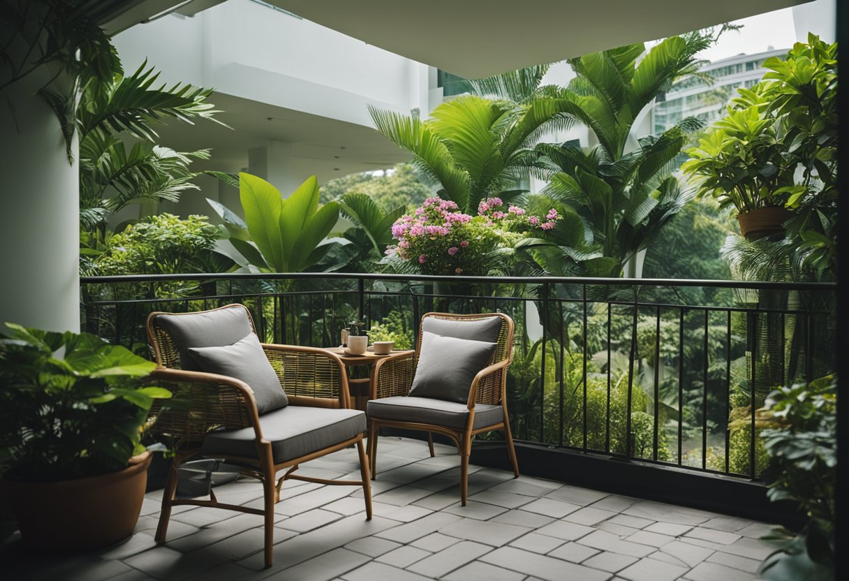 A cozy balcony garden in Singapore, with lush green plants, colorful flowers, and stylish furniture, creating a serene and inviting space for relaxation and enjoyment