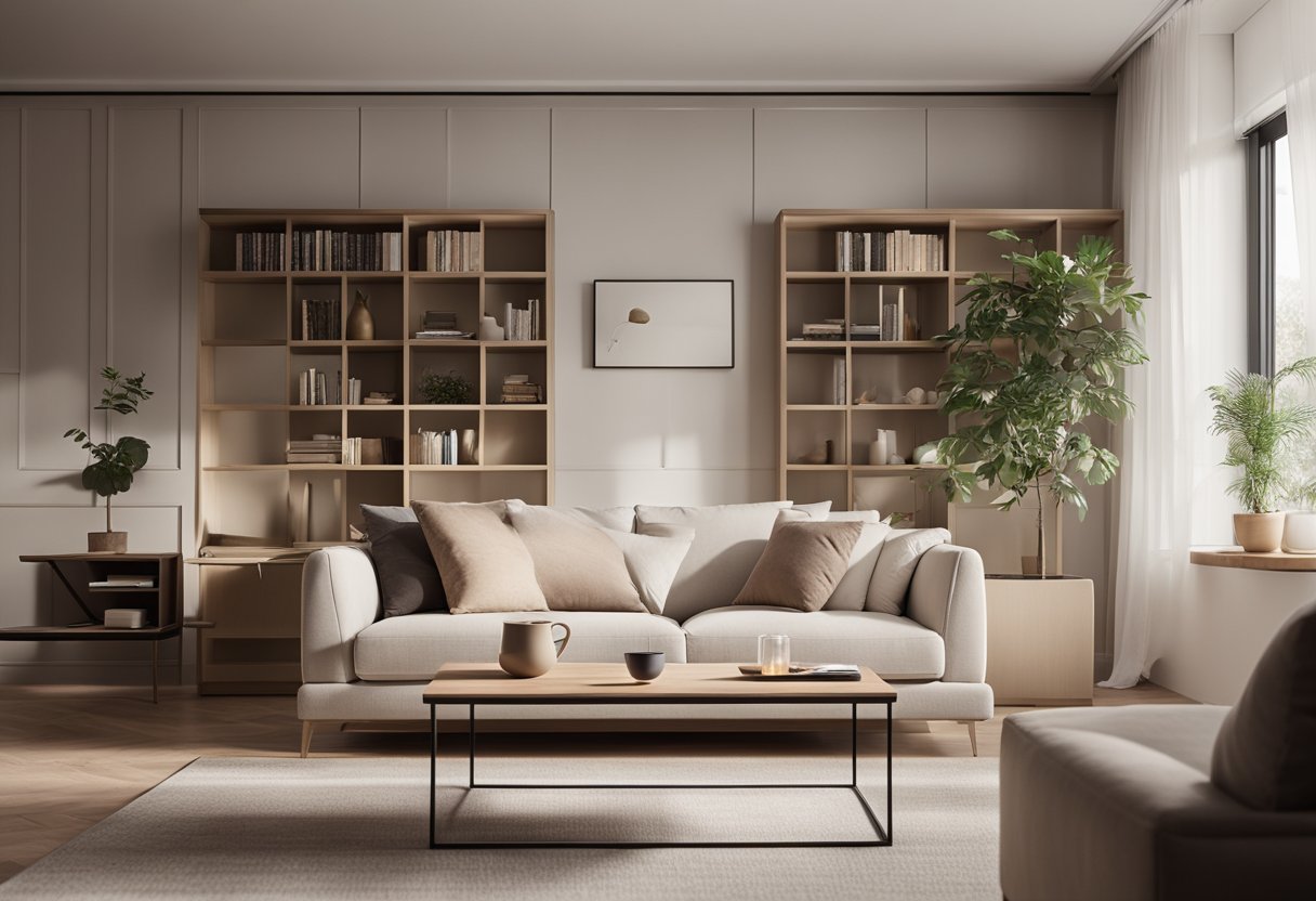 A cozy living room with a minimalist design, featuring a small sofa, a coffee table, and a bookshelf against a wall. Soft lighting and a neutral color palette create a warm and inviting atmosphere