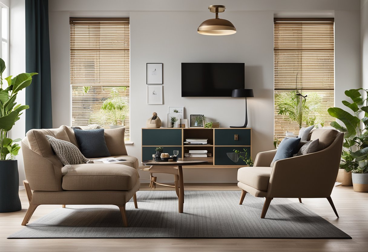 A small living room with a smart sofa set, featuring compact designs to maximize space. Clean lines and functional elements create a modern and inviting atmosphere