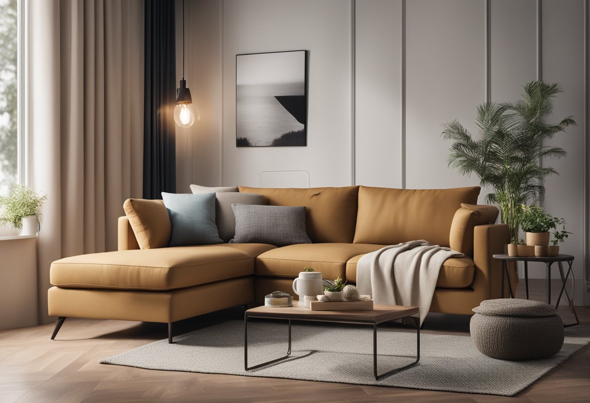 A cozy, compact sofa set with soft cushions and sleek lines, nestled in a small, well-lit living room with warm, inviting decor