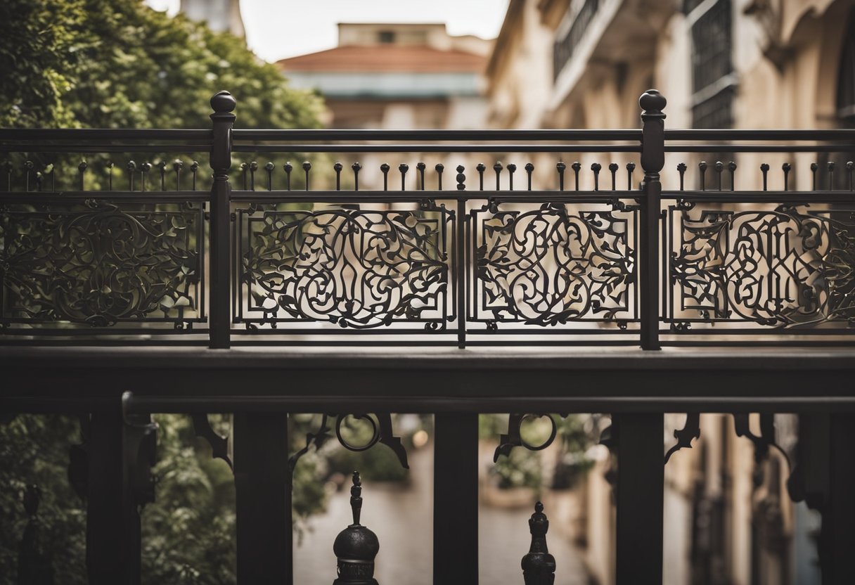 A balcony with intricate grill design, winding patterns and decorative elements