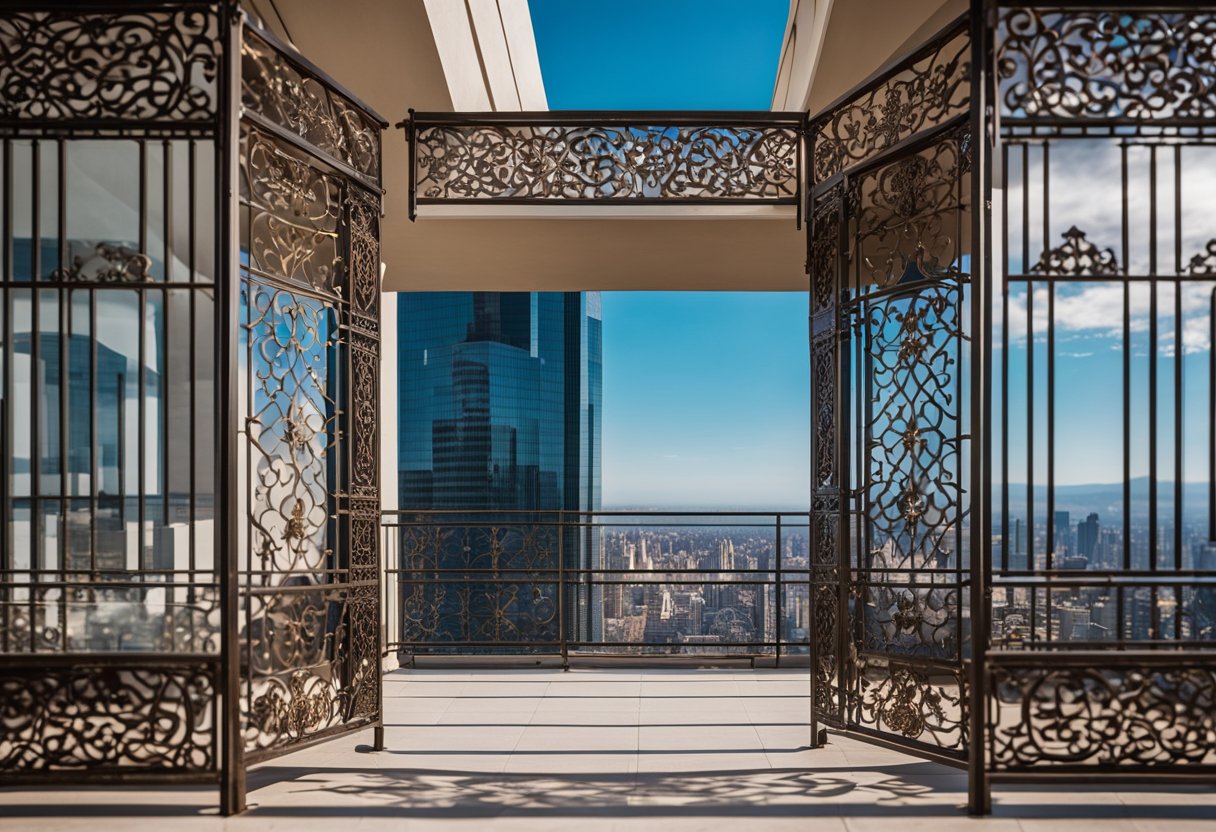 A balcony with a metal grill featuring intricate scrollwork and geometric patterns, set against a backdrop of city buildings and a clear blue sky
