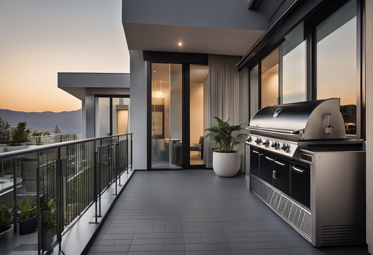 A spacious balcony with a sleek, modern full grill design, seamlessly blending safety and aesthetics. The grill features clean lines and durable materials, providing a stylish and secure outdoor space