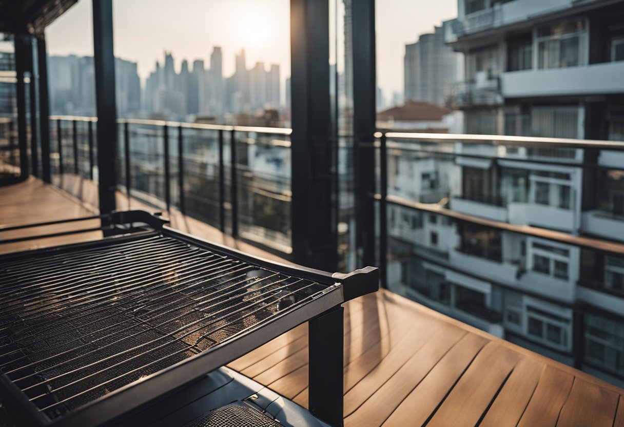 A balcony with a full grill design, overlooking a bustling city street. The grill is intricately patterned and sturdy, providing safety without obstructing the view