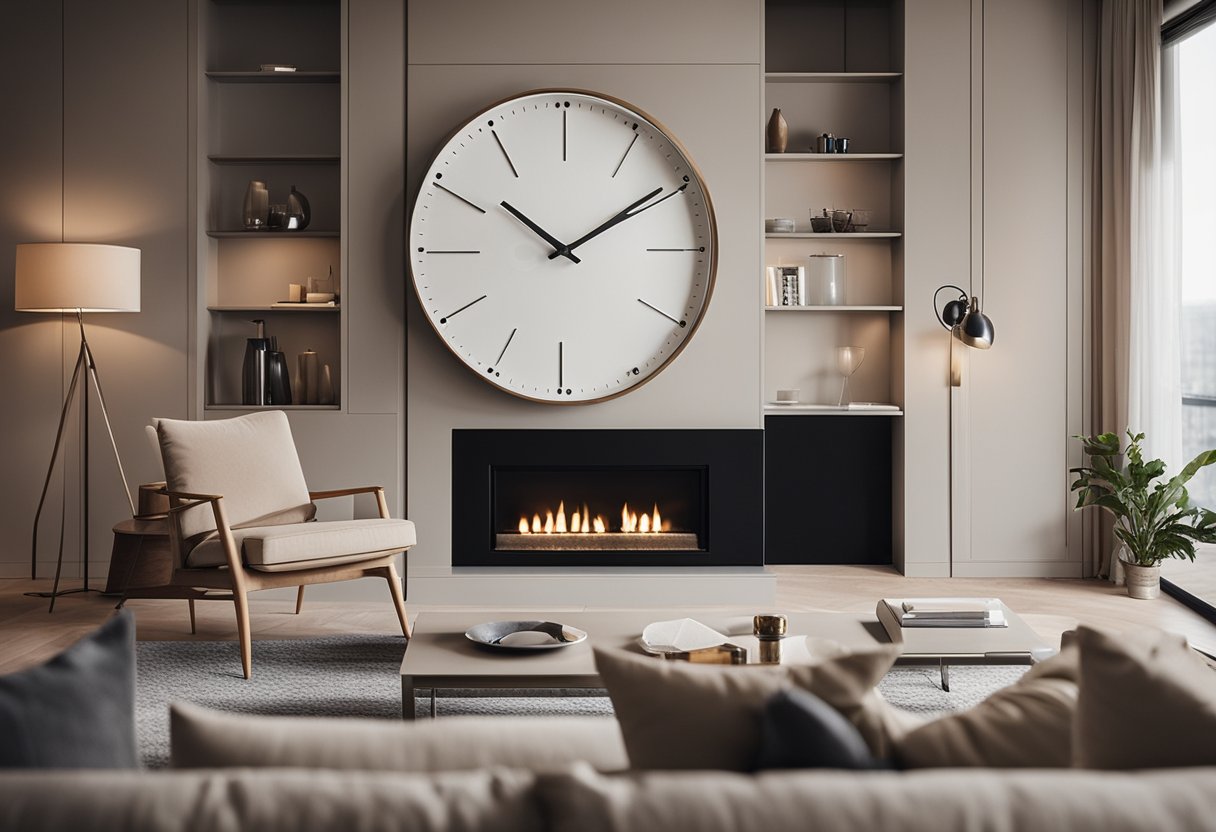 A modern wall clock hangs above a sleek fireplace in a cozy living room, surrounded by minimalist furniture and soft, neutral tones
