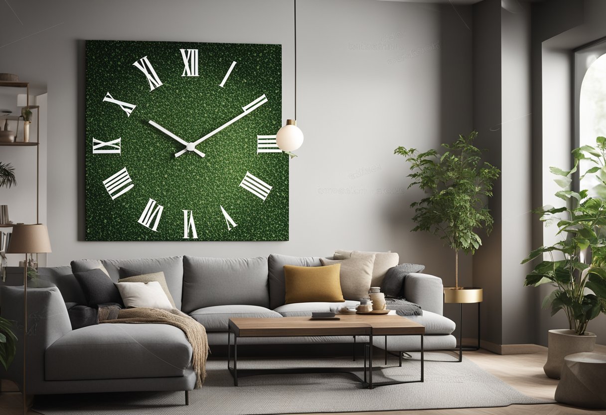 A modern wall clock hangs above a cozy living room, blending seamlessly with the decor. Its sleek design complements the space, adding a touch of sophistication