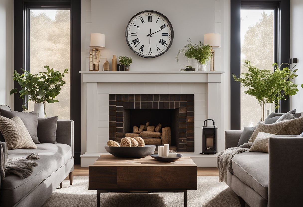 A wall clock hangs above a fireplace in a cozy living room, blending with the rustic decor. Its large, easy-to-read numbers and sleek, modern design add a touch of sophistication to the space