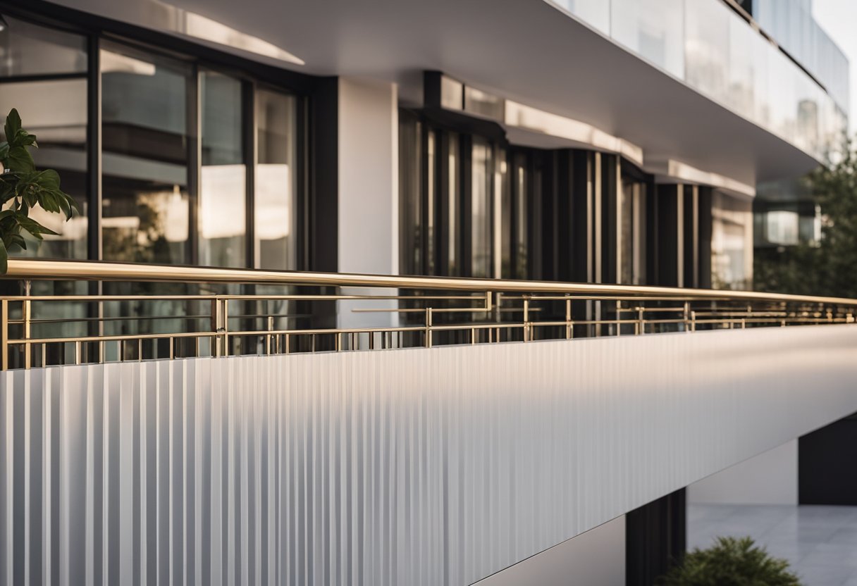 A sleek, modern balcony parapet wall design with clean lines and geometric patterns, incorporating both metal and glass materials