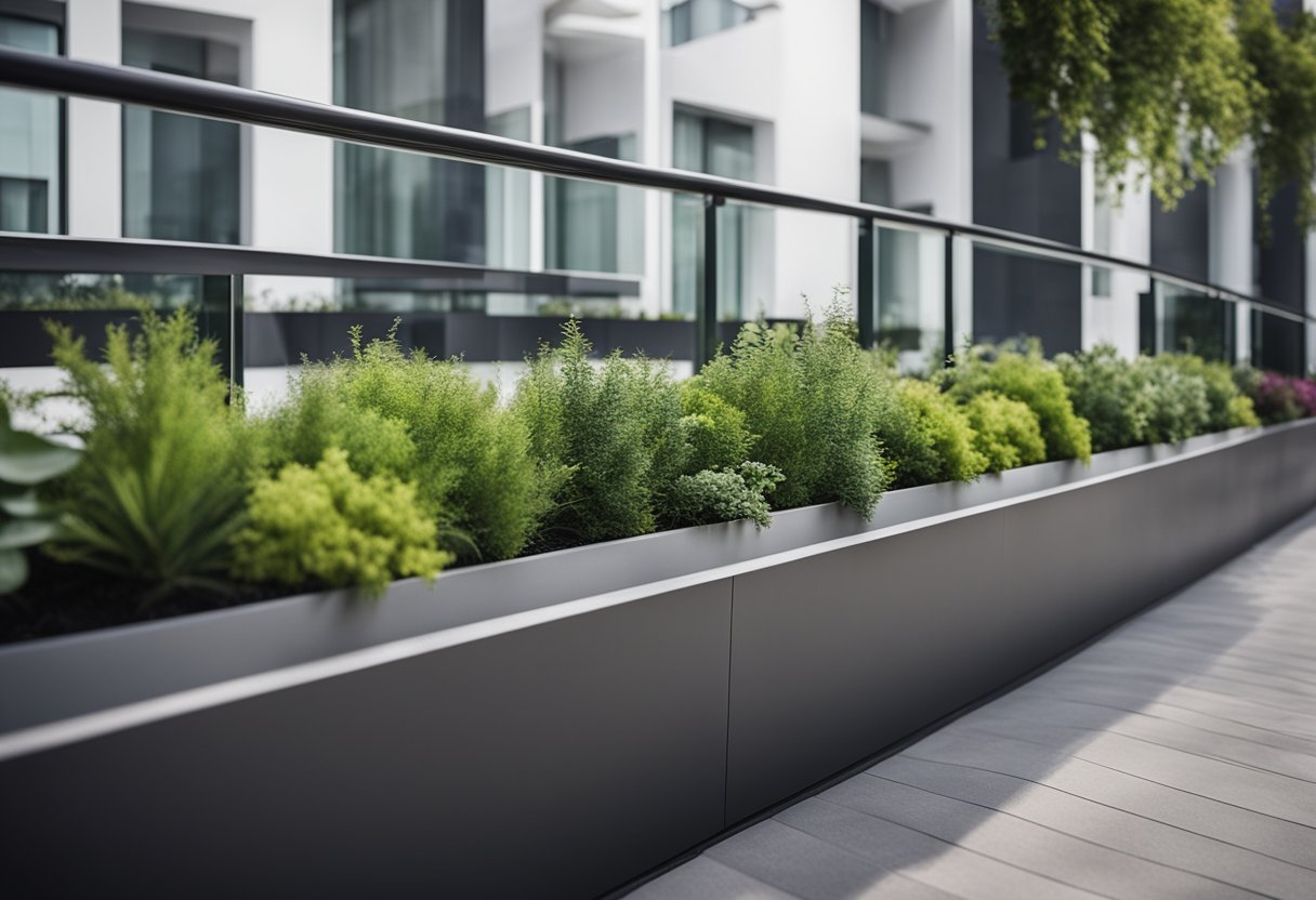 A modern balcony parapet wall with sleek lines and integrated planters, providing both aesthetic appeal and functional space for greenery