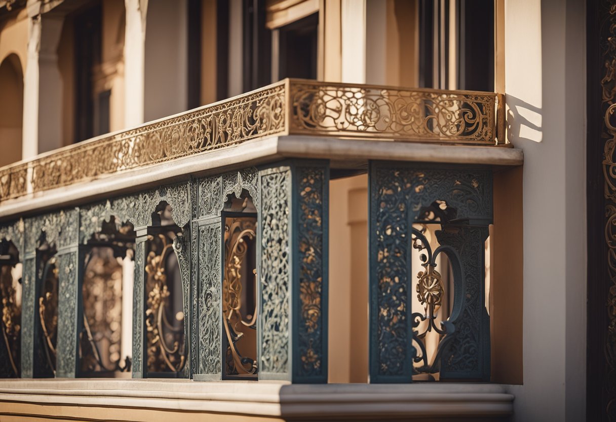 A balcony with a decorative parapet wall, featuring intricate patterns and designs. The wall is adorned with ornate carvings and embellishments