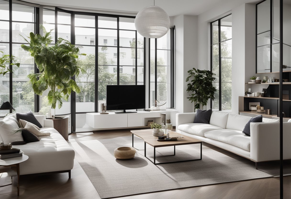 A white living room with modern furniture, a large window, and minimal decor