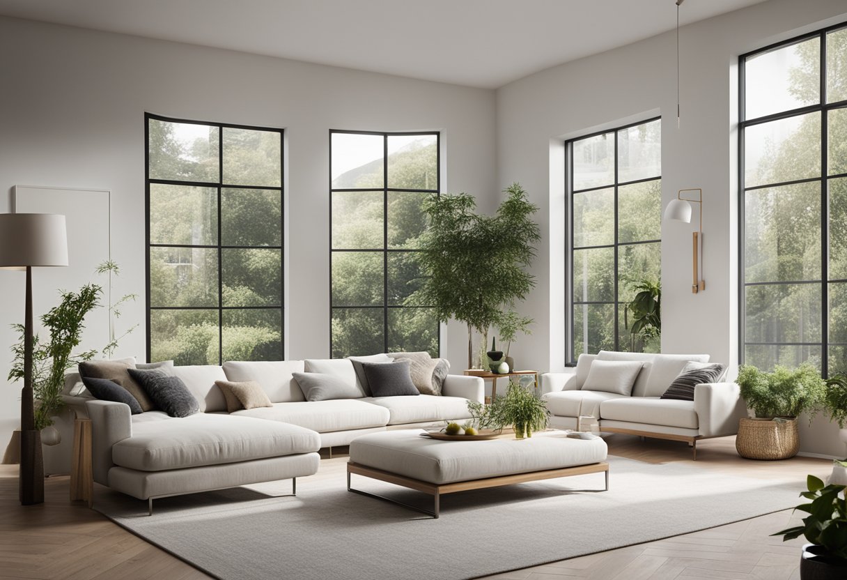 A white living room with modern furniture, natural light, and minimal decor. Large windows provide a view of a lush garden