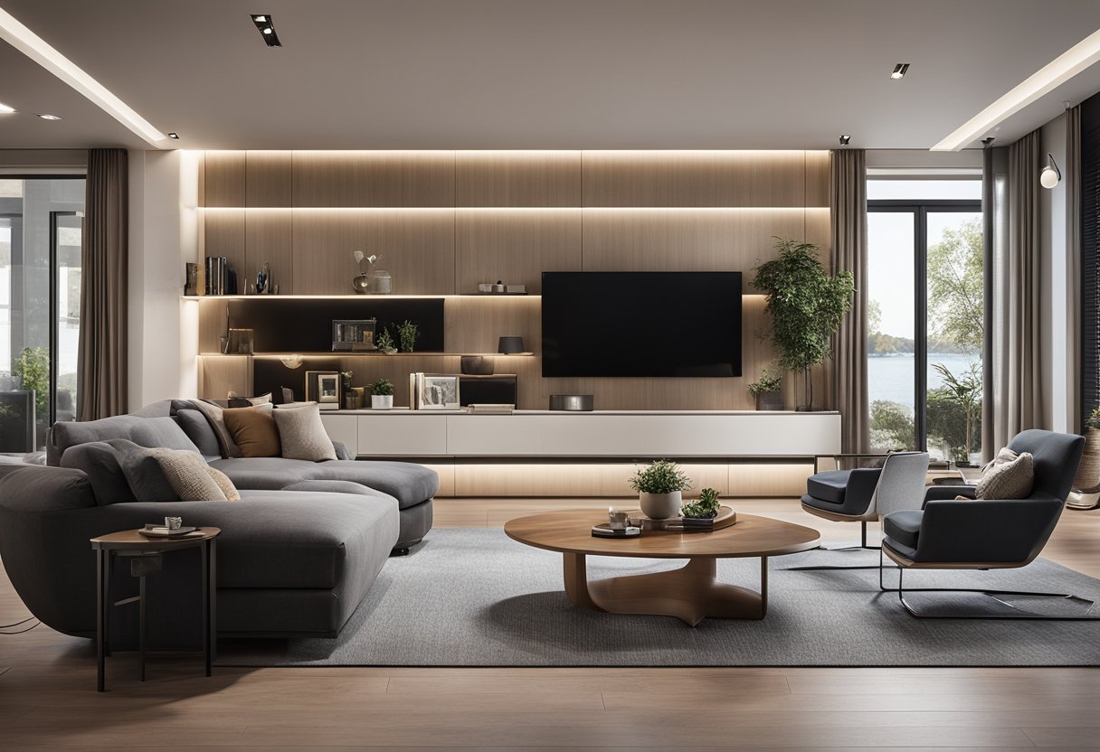 A spacious living room with modern, sleek designer cabinets lining the walls, featuring clean lines, high-quality materials, and integrated lighting