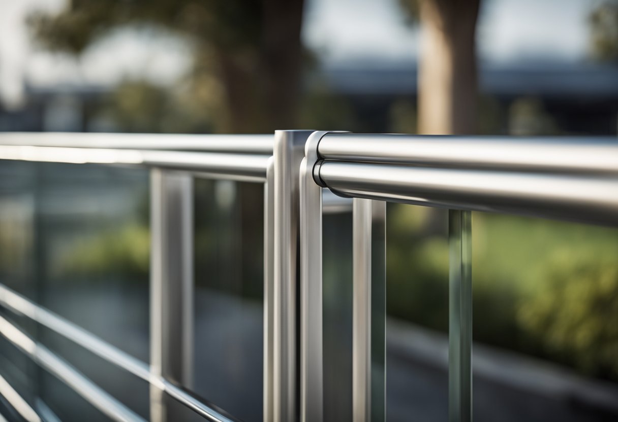 A sleek, modern railing with clean lines and a combination of metal and glass materials. The design features a minimalist aesthetic with a focus on functionality and safety