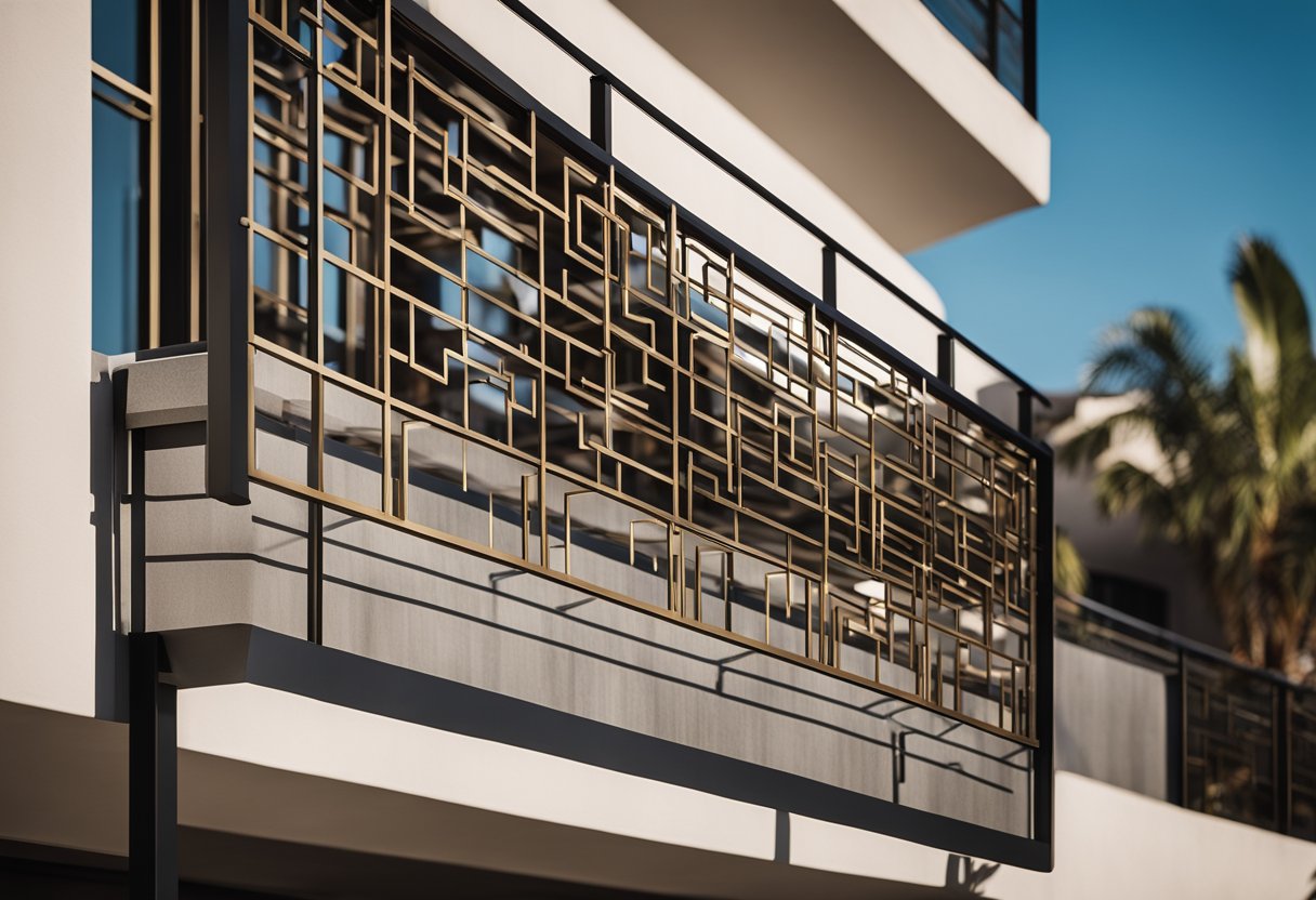 A modern balcony railing design featuring sleek metal bars with a geometric pattern, accented with wood or glass panels for a contemporary look