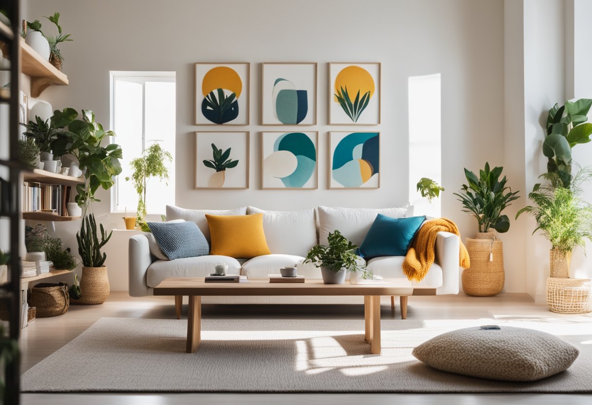 A white living room with colorful throw pillows, plants, and art on the walls. Shelves hold books and decorative objects. A cozy rug and stylish lighting complete the space