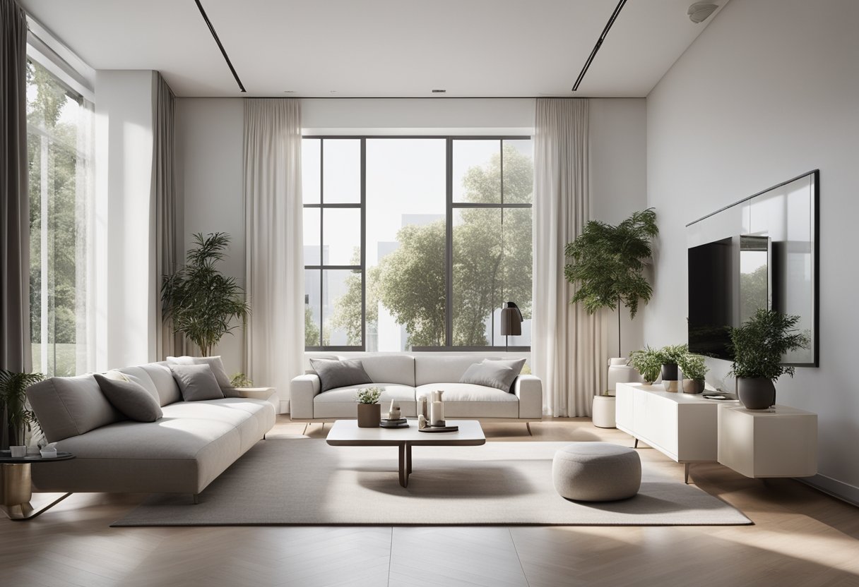A spacious white living room with modern furniture, large windows, and a minimalist design. The room is filled with natural light and features clean lines and a sense of tranquility