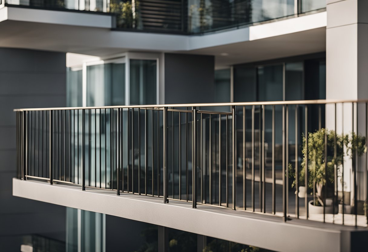 A sleek, modern railing with clean lines and durable materials, blending seamlessly with the balcony's aesthetic. Incorporate elements of transparency and openness for a sense of spaciousness while ensuring safety and functionality