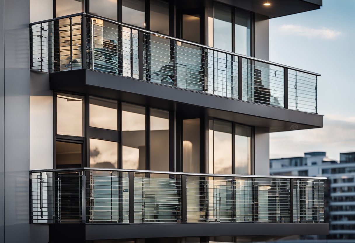 A balcony with a modern, sleek railing design, featuring clean lines and a combination of metal and glass materials