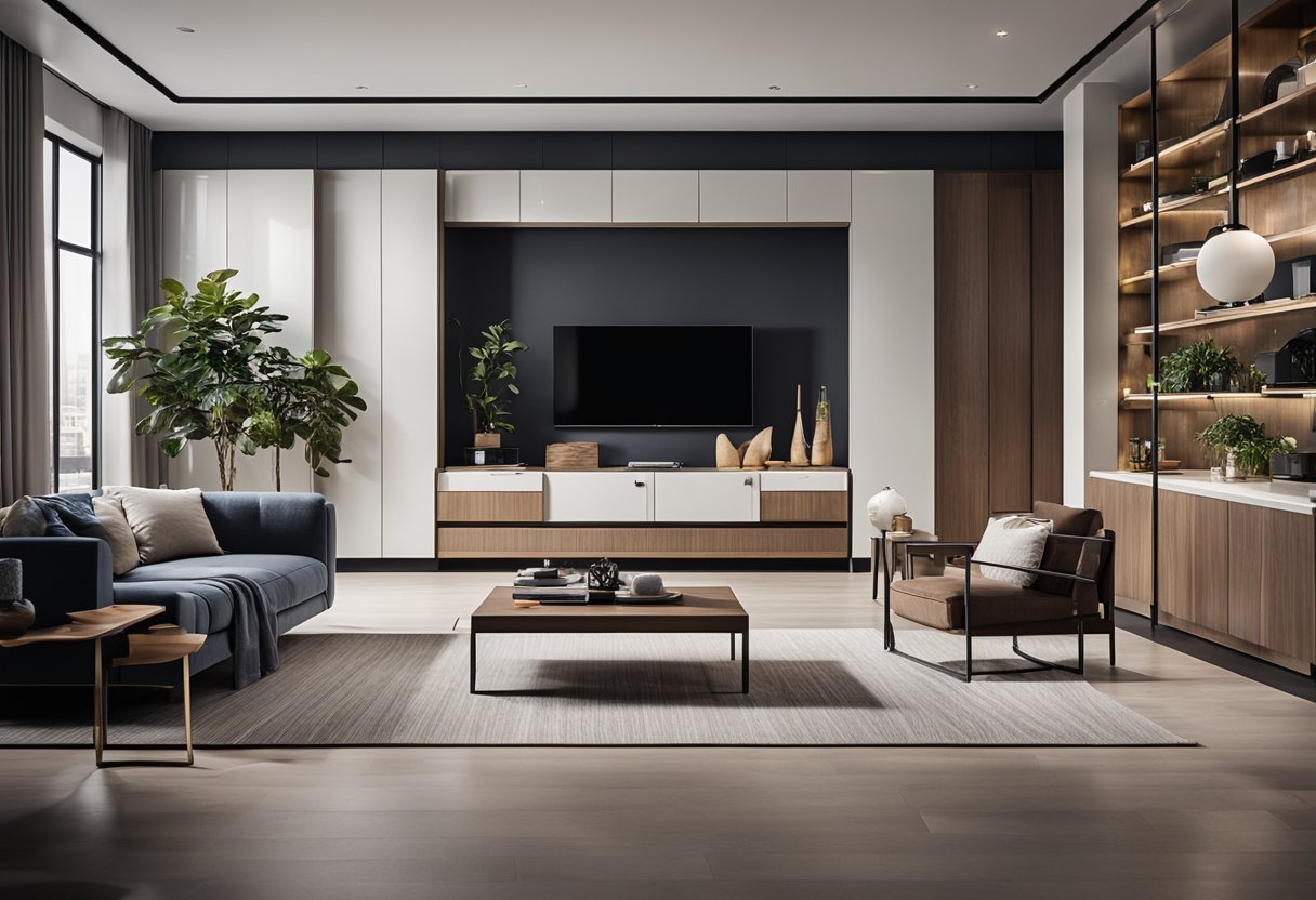 A modern living room with sleek designer cabinets, clean lines, and stylish decor
