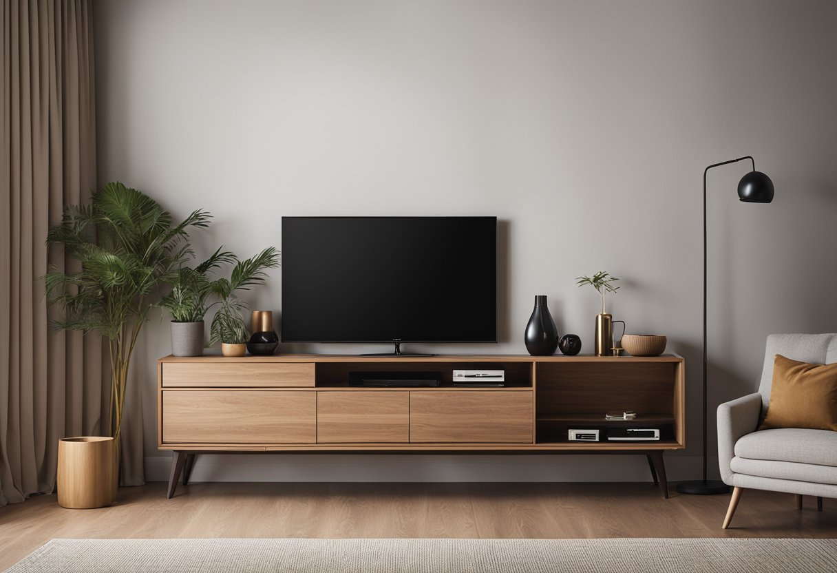 A wooden TV cabinet stands against a wall in a cozy living room, with shelves, drawers, and a sleek design