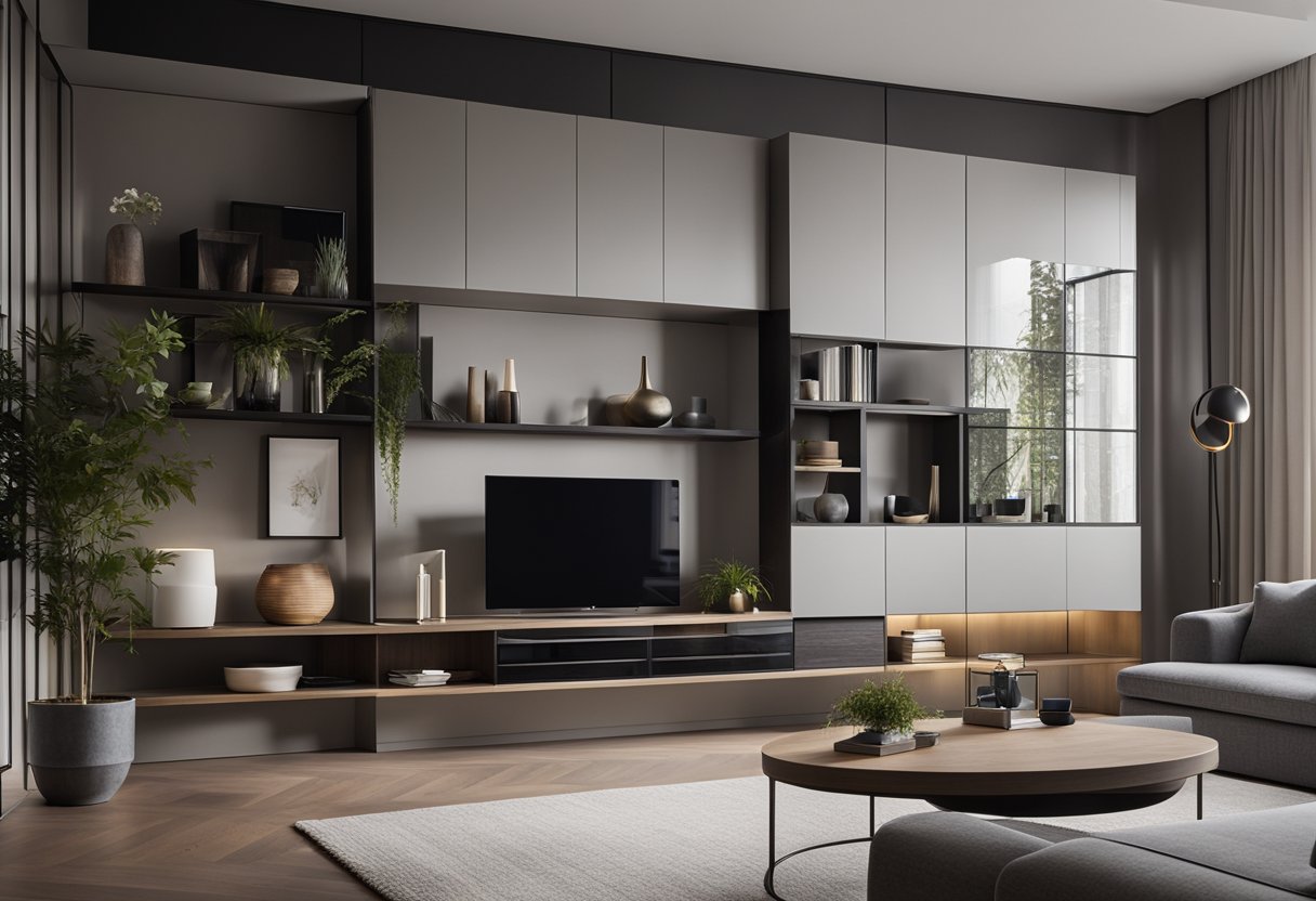 A sleek, modern living room with designer cabinets and open shelving. Clean lines and minimalist decor create a contemporary atmosphere