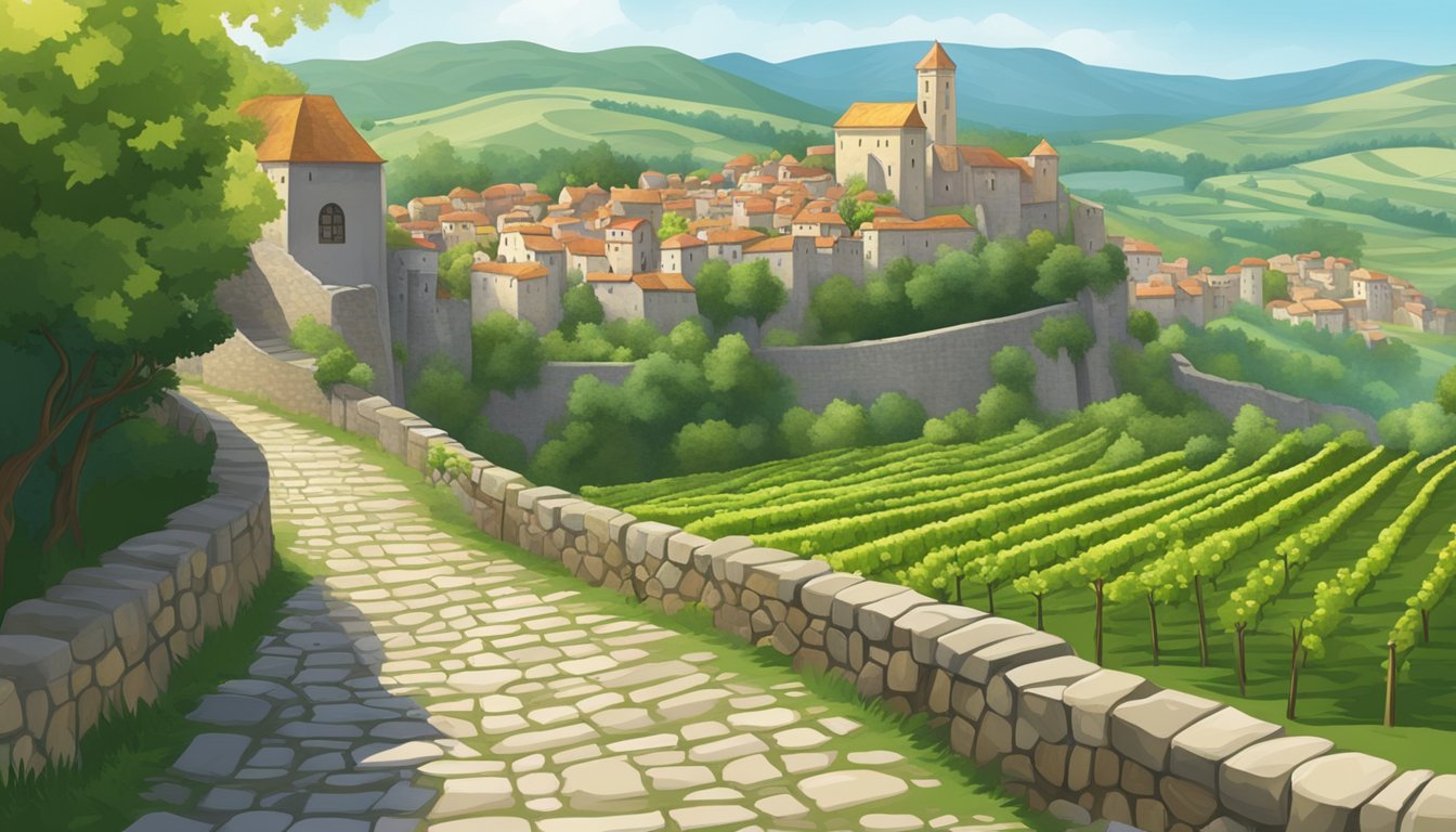 A medieval town sits atop a hill, surrounded by lush greenery and vineyards, with a winding cobblestone path leading up to the ancient stone walls