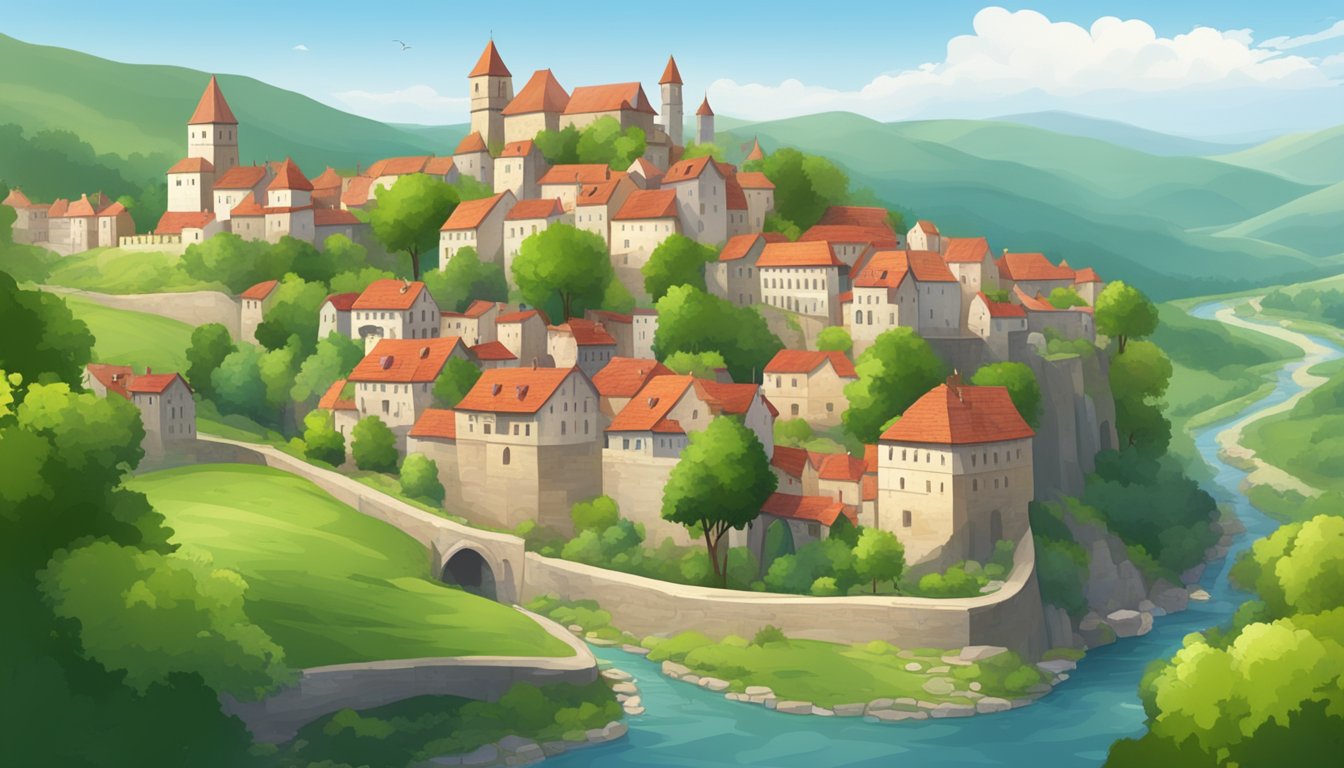 A medieval town on a hill, surrounded by lush greenery and a winding river, with stone walls and red-tiled roofs