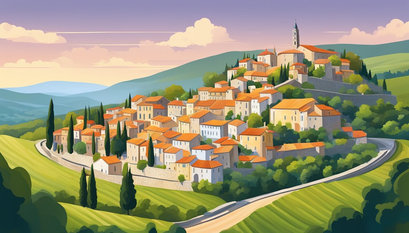 The picturesque village of Motovun, Croatia, nestled on a hill overlooking the lush countryside, with its colorful buildings and cobblestone streets