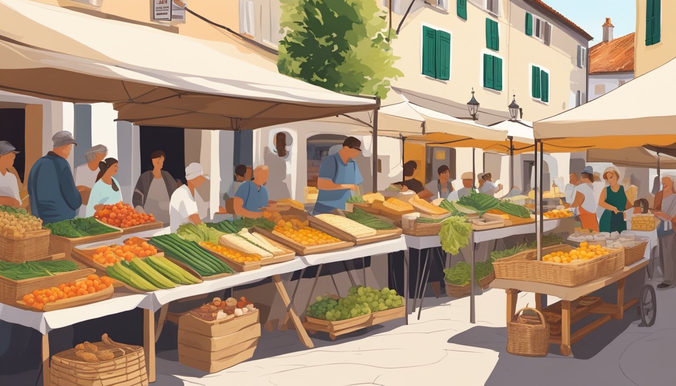 A bustling outdoor market in Motovun, Croatia, filled with colorful stalls of local produce, artisanal cheeses, and freshly baked bread