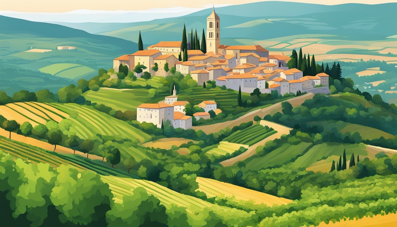 Lush greenery surrounds the medieval town of Motovun, Croatia. Rolling hills, vineyards, and ancient stone buildings create a picturesque landscape