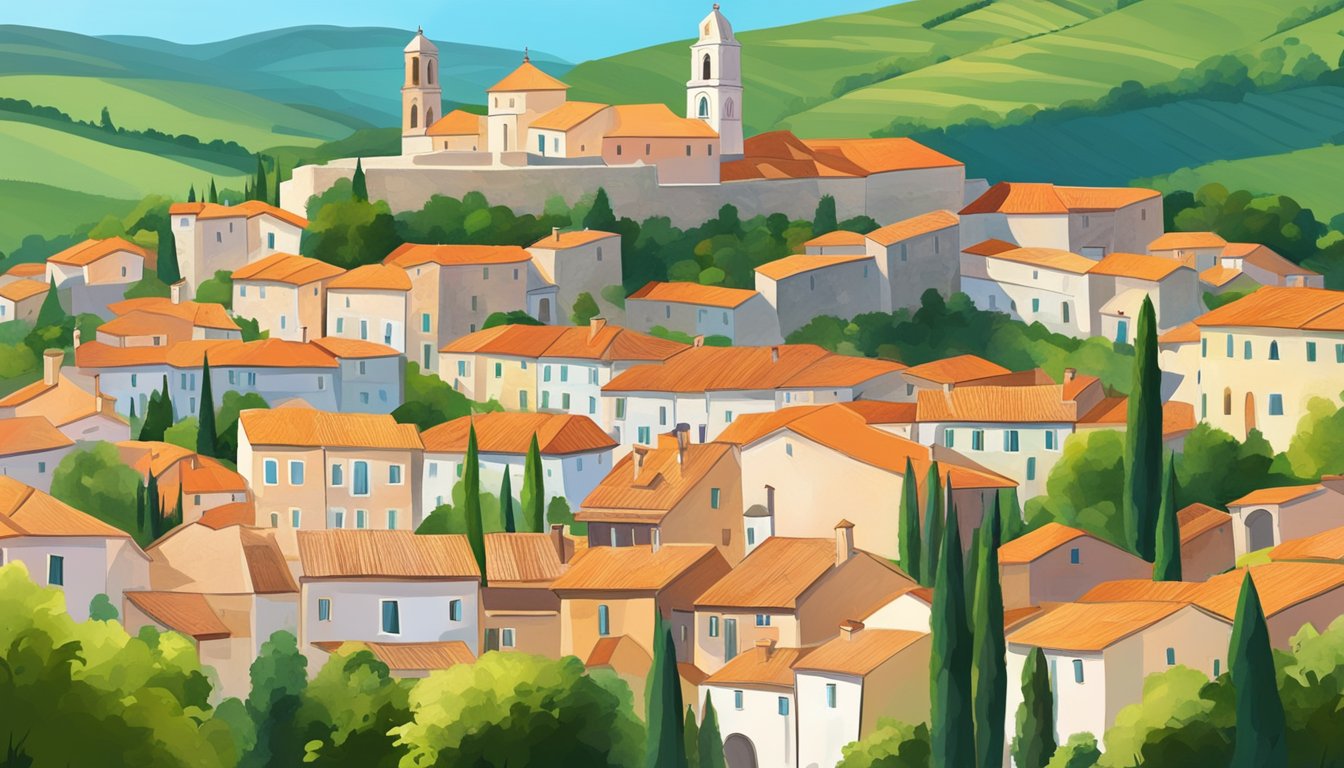 The quaint town of Motovun, Croatia, nestled on a hilltop with terracotta rooftops and a medieval bell tower, surrounded by lush greenery and rolling hills