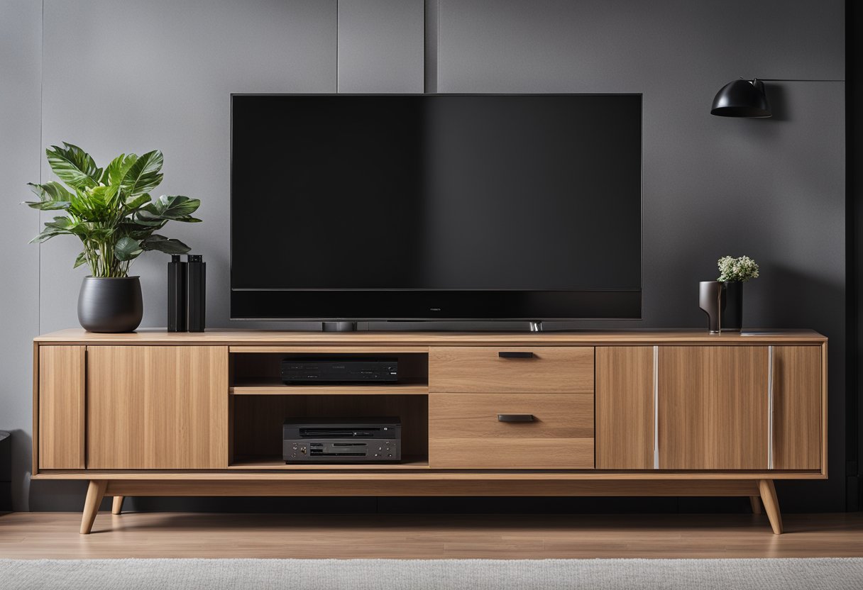 A wooden TV cabinet stands in a modern living room, with sleek lines and ample storage space