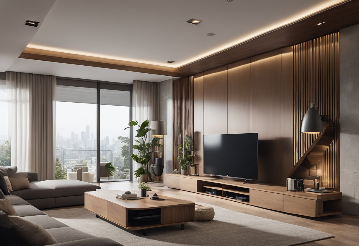 A spacious living room with a modern wooden TV cabinet, sleek design, clean lines, and ample storage space. Light from the large windows illuminates the room, creating a warm and inviting atmosphere