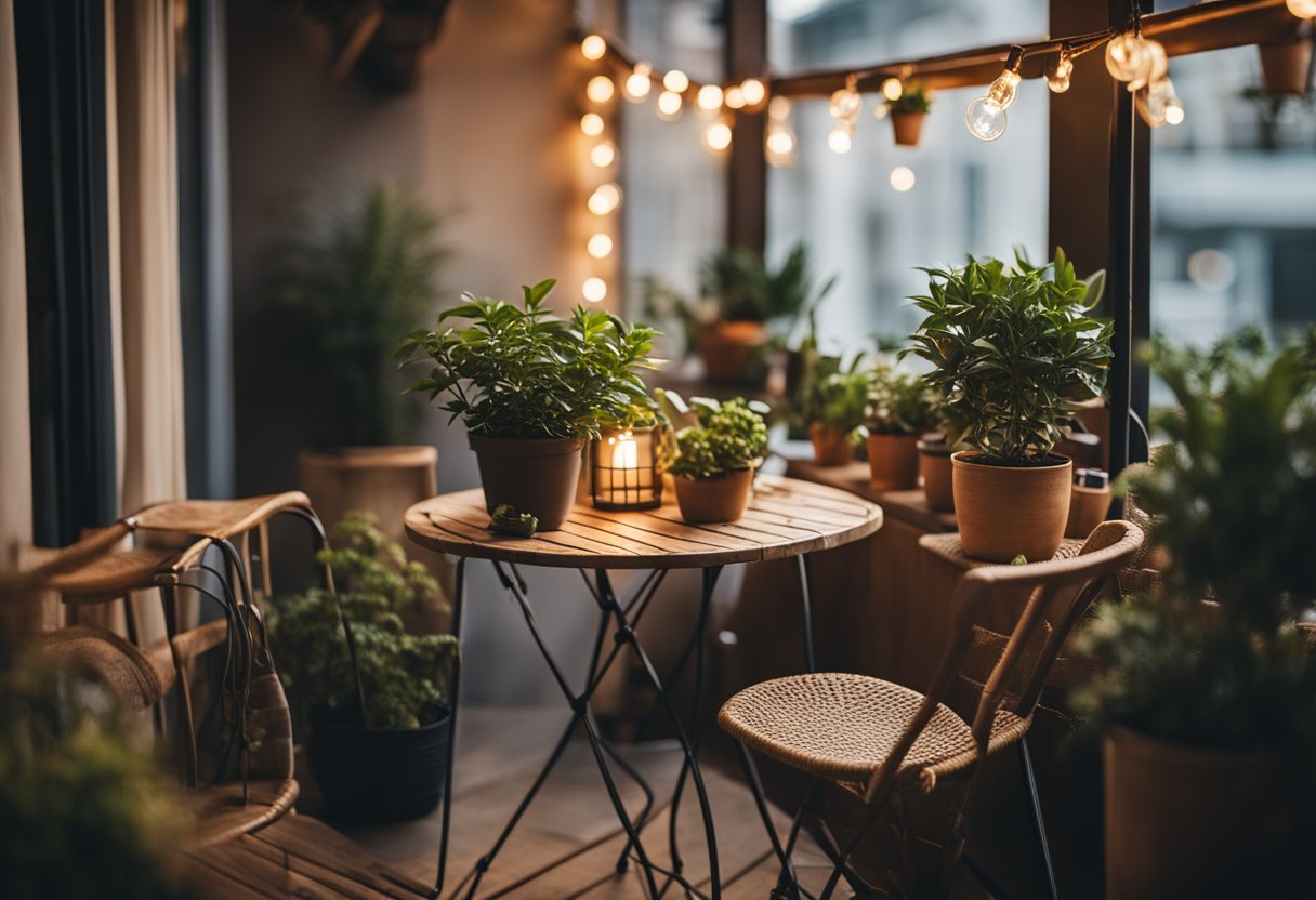 A cozy balcony with potted plants, a small table and chairs, and string lights creating a warm and inviting atmosphere