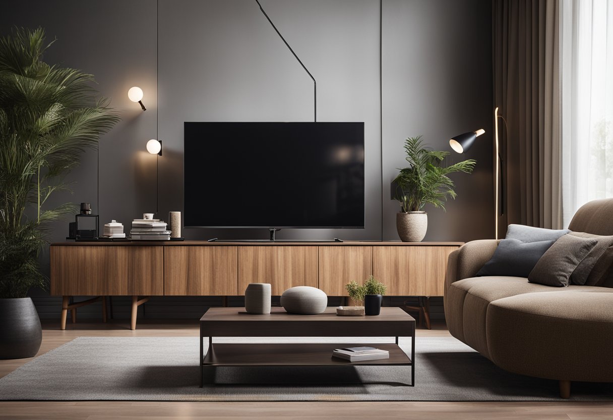 A modern living room with a sleek wooden TV cabinet, surrounded by comfortable seating and stylish decor