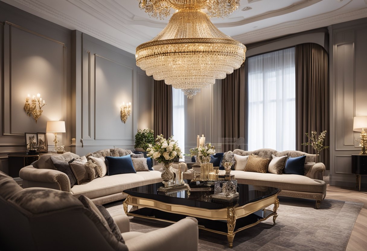 A grand chandelier illuminates a spacious living room with luxurious furnishings, including a plush sofa, ornate coffee table, and intricate wall decor