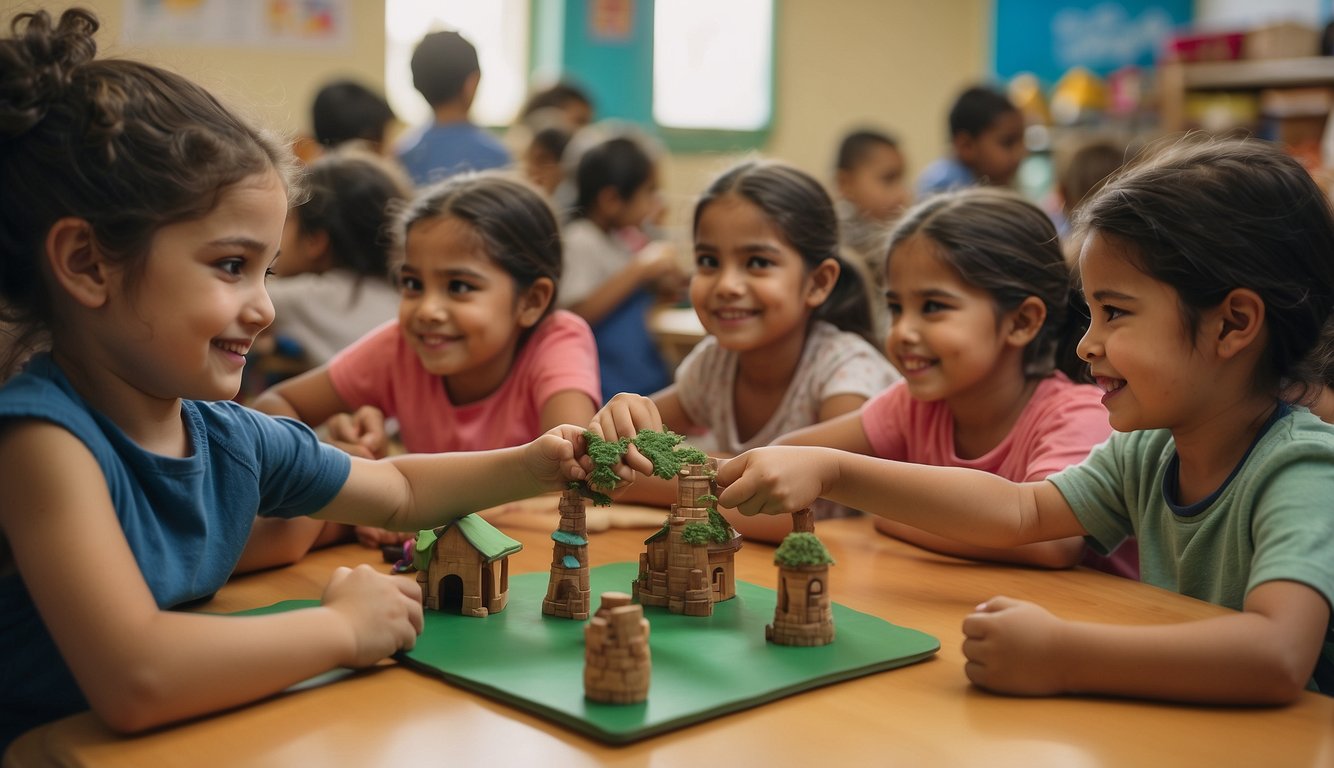 Ambiente de sala de aula com crianças engajadas em atividades práticas, aprendendo sobre Tiradentes por meio de contação de histórias, artesanato e encenação, em alinhamento com a BNCC para a educação infantil