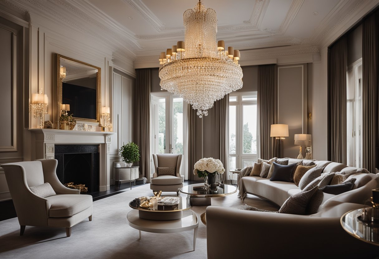 A luxurious chandelier hangs above a grand fireplace, surrounded by plush sofas and ornate furniture in a spacious, elegantly designed living room
