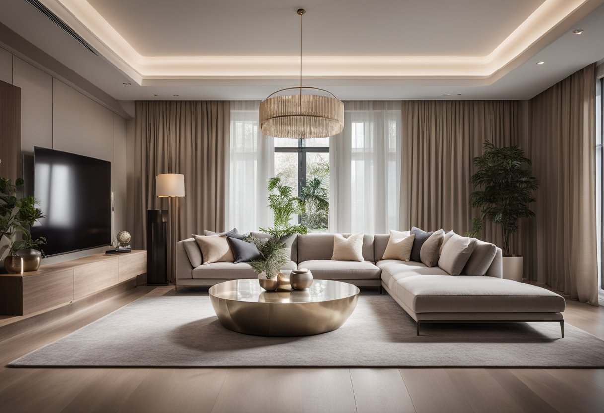 An elegant living room with a neutral color palette, modern furniture, and soft lighting. A large, plush rug anchors the space, while metallic accents add a touch of luxury