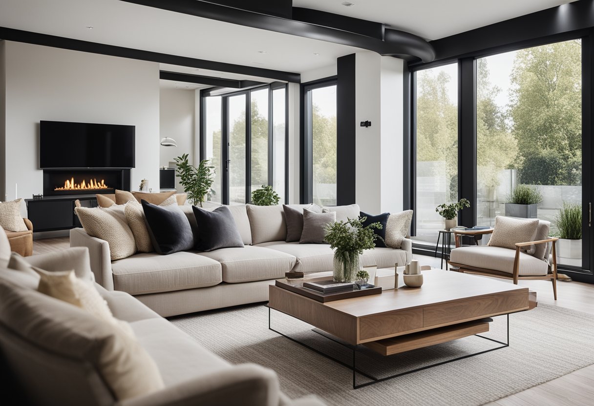 An elegant living room with modern furniture, soft neutral colors, and large windows letting in natural light. A cozy fireplace and a stylish coffee table complete the inviting atmosphere