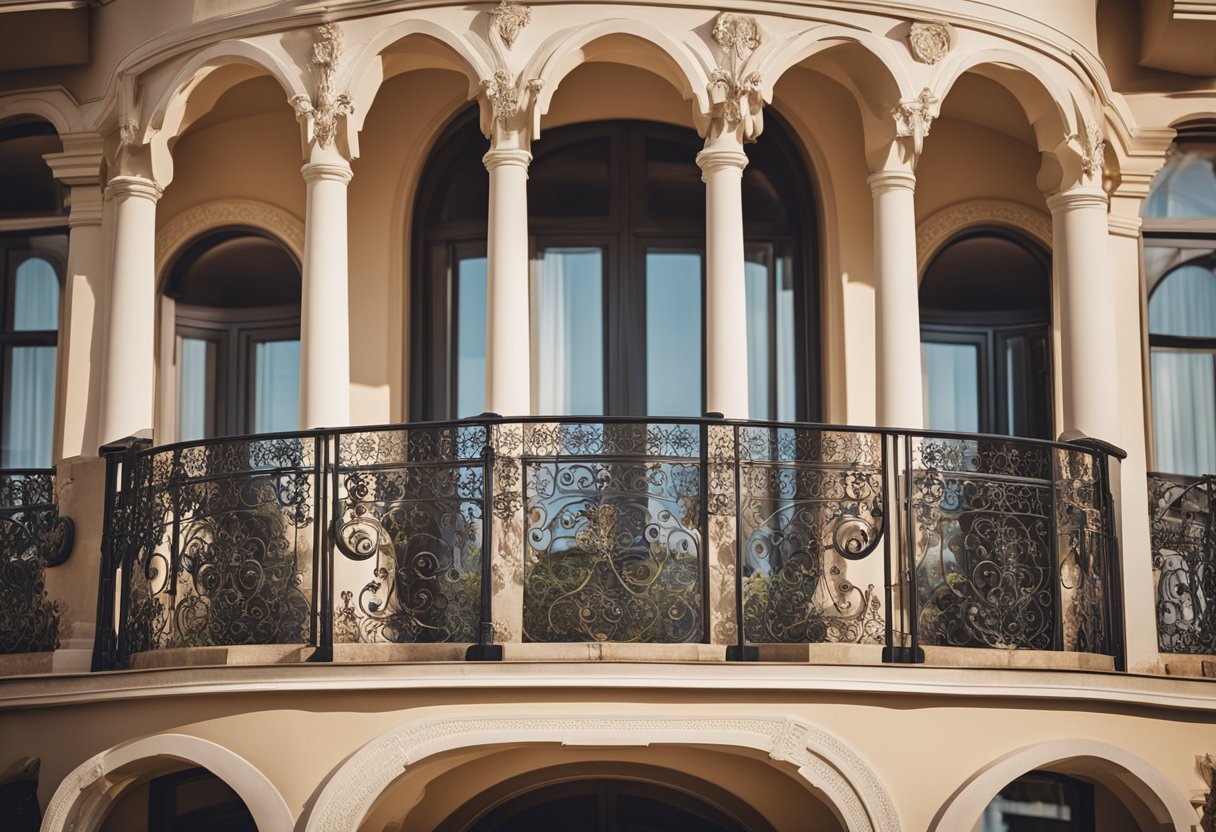 A round balcony with intricate railings overlooks a scenic landscape. The design features ornate patterns and decorative elements